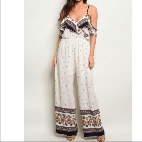 Miley + Molly Pants - Miley & Molly Multi Mixed Print Aztec cold shoulder ruffle jumpsuit size S EUC